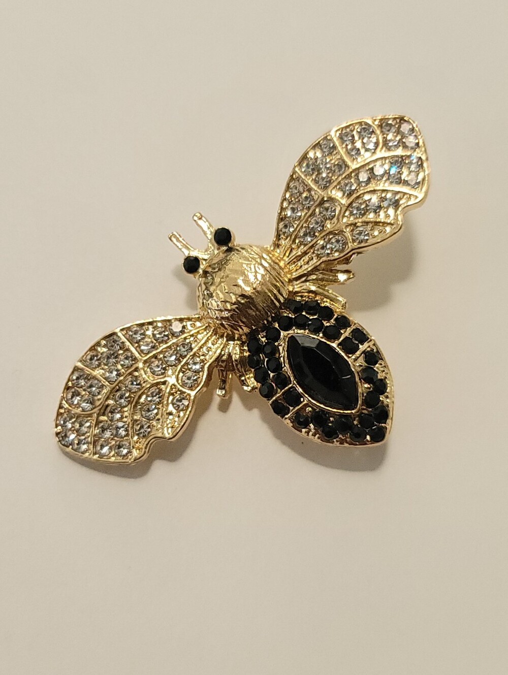Crystal Bee Brooch with Clear & Black Colored Crystals